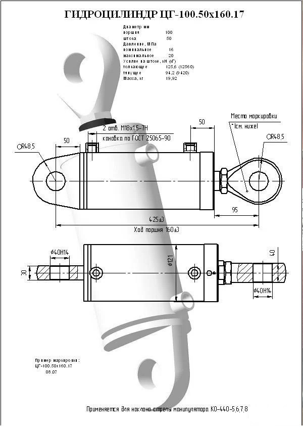Гидроцилиндр наклона манипулятора ЦГ-100.50.160.425.40(ЦГ-100.50х160.17-01)