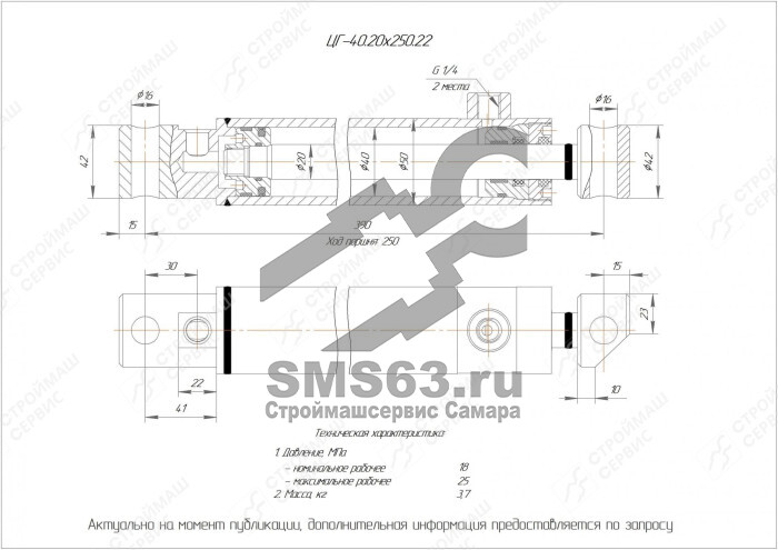 ЦГ-40.20х250.22 Гидроцилиндр кабины АНТ 068-10093, 0-016-910-00