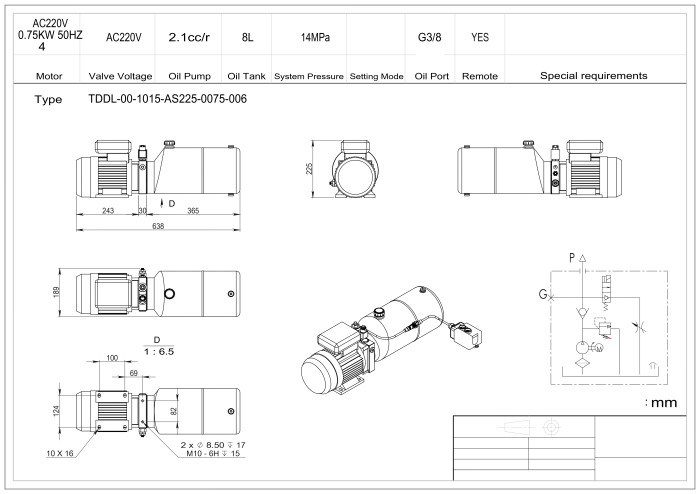 Станция насосная гидравлическая TDDL-00-1015-AS225-0075-006: 14MPa. 220V 0,75KW. 1450RPM. 2,1cc/r 8L Tank steel round horizontal. SV-08-2NCP-M-AC220V. Port G3/8" With 2 button remote cable