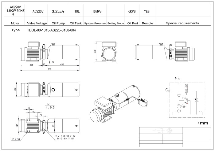 Станция насосная гидравлическая TDDL-00-1015-AS225-0150-004: 16MPa. 220V 1,5KW.1450RPM 3,2cc/r 10L Tank steel round horizontal. SV-08-2NCP-M-AC220V. Port G3/8" With 2 button remote cable