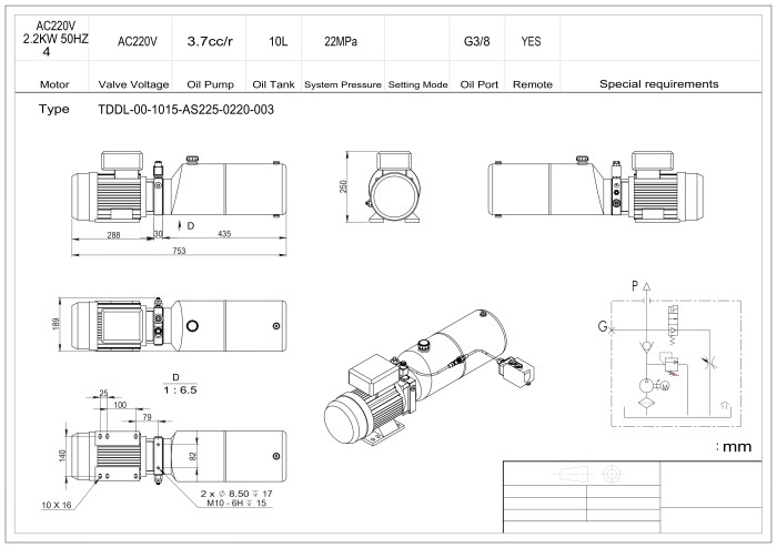 TDDL-00-1015-AS225-0220-003: 22MPa. 220V 2,2 KW.1450RPM 3,7cc/r 10L Tank steel round horizontal. SV-08-2NCP-M-AC220V. Port G3/8" With 2 button remote cable