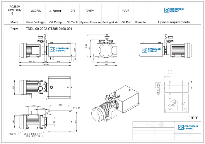 Станция насосная гидравлическая TDDL-00-2002-CT385-0400-001: 22MPa. 380V 4 KW.1450RPM 4,8cc/r 20L Tank. steel square horizontal. DSG-02-3C6-AC220V. Port G3/8" With Pressure gage