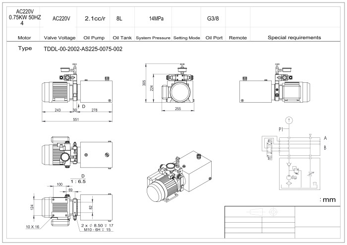 Станция насосная гидравлическая TDDL-00-2002-AS225-0075-002: 14MPa. 220V 0,75KW. 1450RPM. 2,1cc/r 8L Tank. steel square horizontal. DSG-02-3C6-AC220V. Port G3/8"With Pressure gauge