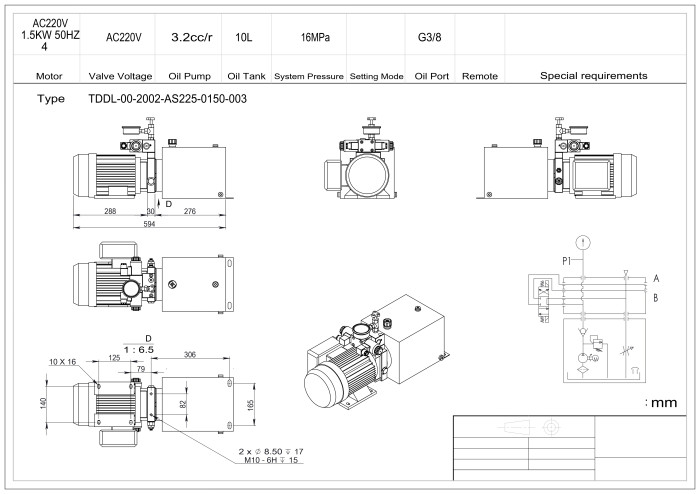 Станция насосная гидравлическая TDDL-00-2002-AS225-0300-001: 22MPa. 220V 3 KW. 2850RPM 2,5cc/r 20L Tank. steel square horizontal. DSG-02-3C6-AC220V. Port G3/8" With Pressure gage