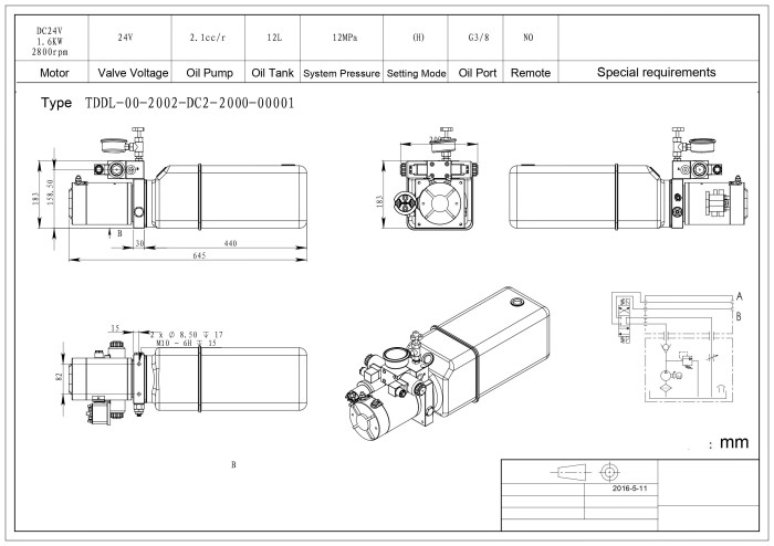 Станция насосная гидравлическая TDDL-00-2002-DC2-0200-00001 12 MPa. DC24V 1,6KW 2500RPM. 2.7cc/r 12L Tank plastic horizontal. DSG-02-3C6-DC24V. Port G3/8" pressure gauge