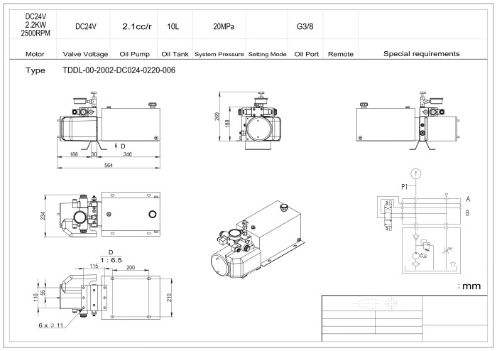Станция насосная гидравлическая TDDL-00-2002-DC024-0220-006: 20MPa. 24V 2,2 KW.2500RPM 2,1cc/r 10L Tank. steel square horizontal. DSG-02-3C6-DC24V. Port G3/8" With Pressure gage With the bracket for motor and the protect cover for motor